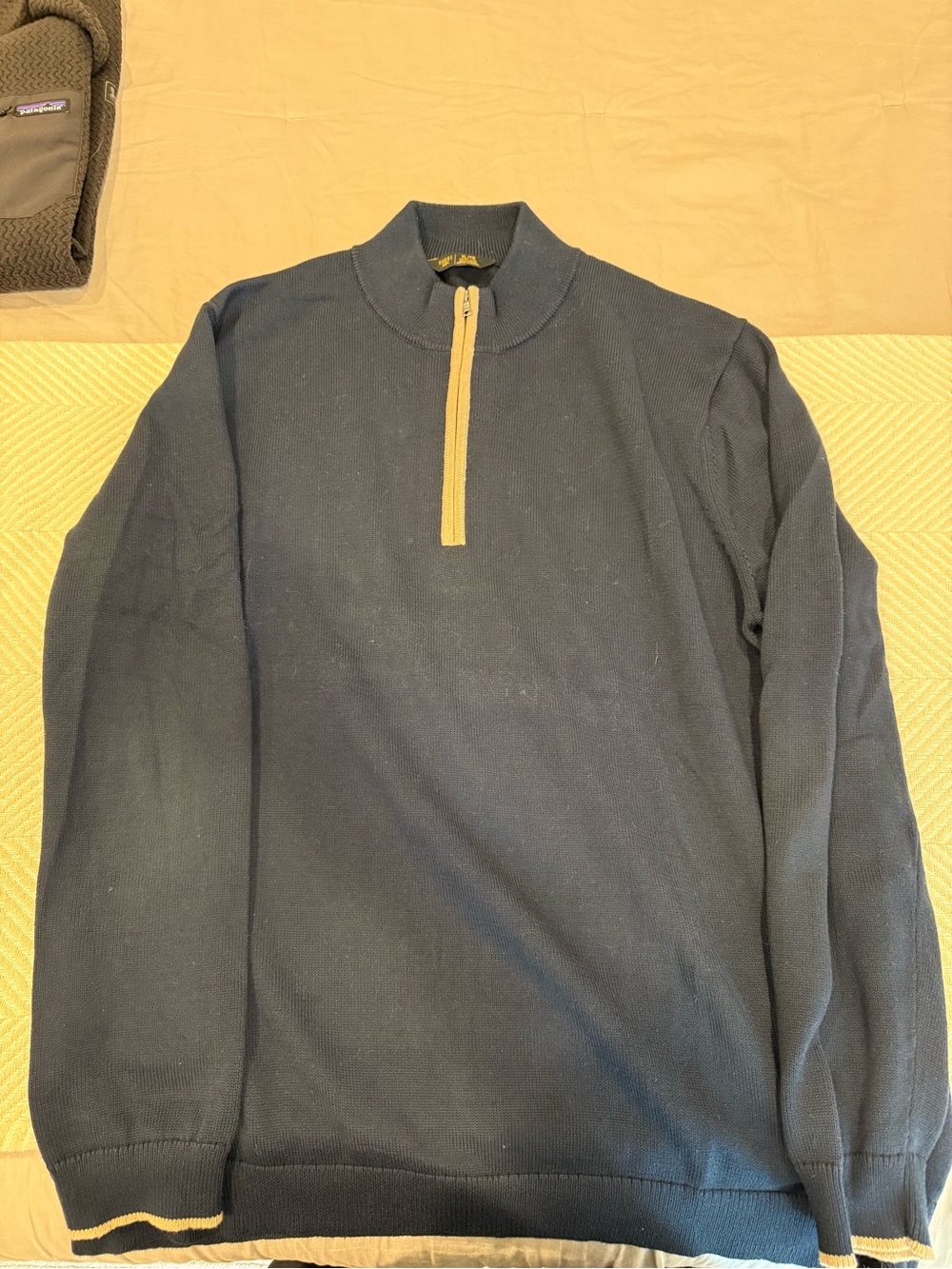 RHONE Commuter Quarter Zip - Navy Pullover with Tan Zip & Sleeve Trim